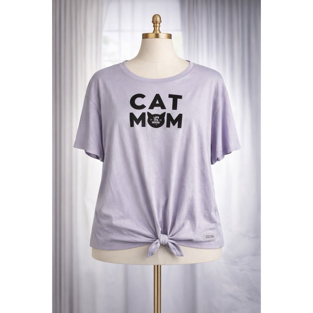 Life is Good Crusher-Lite Tee T-Shirt Tie Hem Lilac Purple Cat Mom Size Large